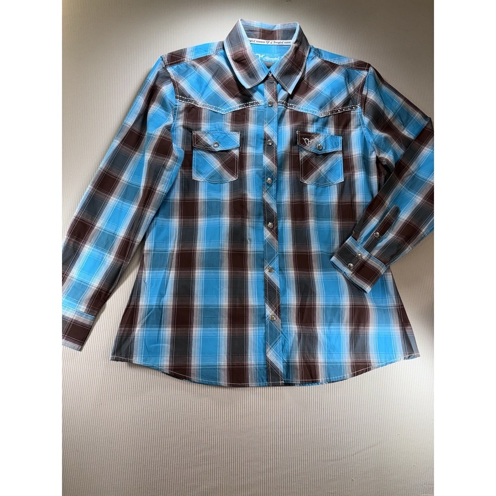 Vintage Y2K Cowgirl Hardware Pearl Snap Plaid Western Shirt M/L Turquoise Blue